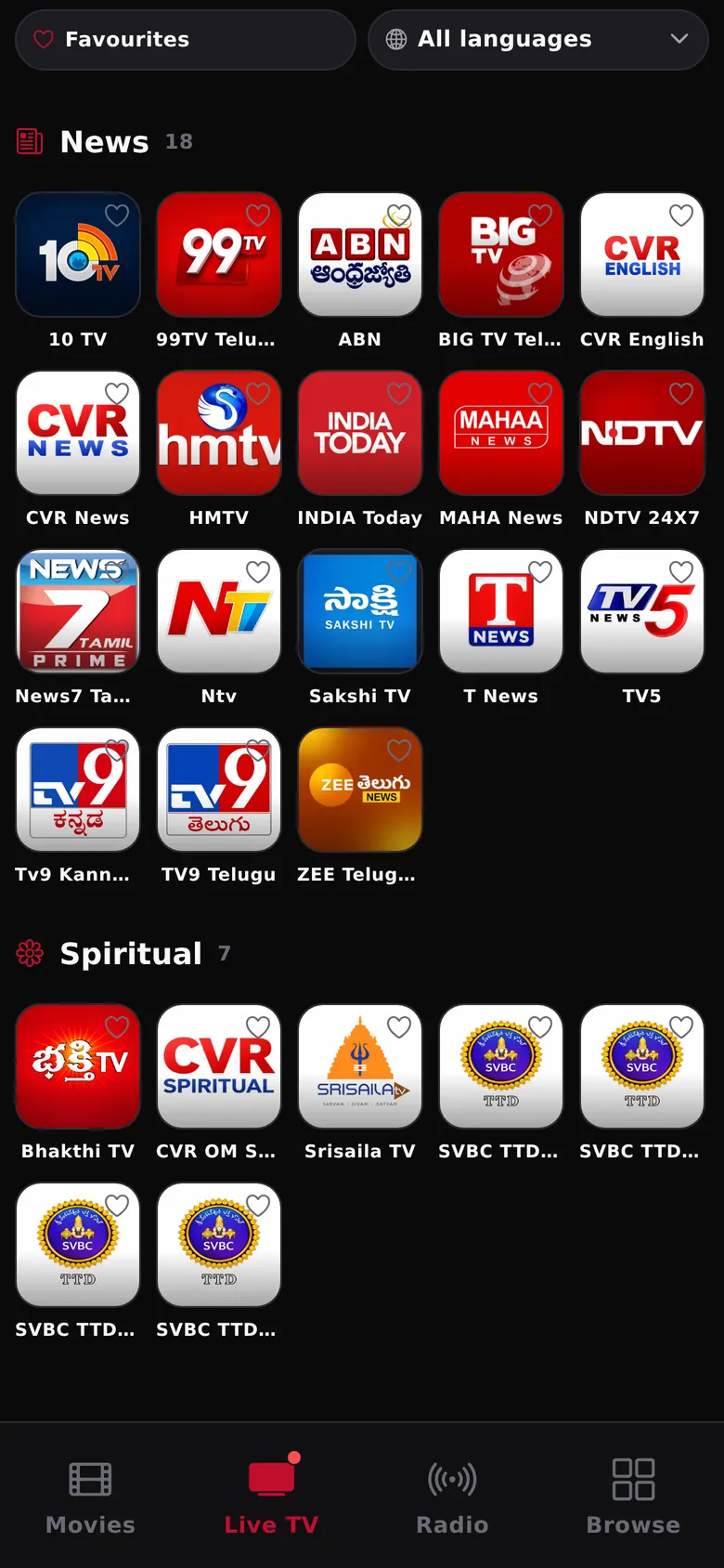 Live TV screen with channels grouped by category