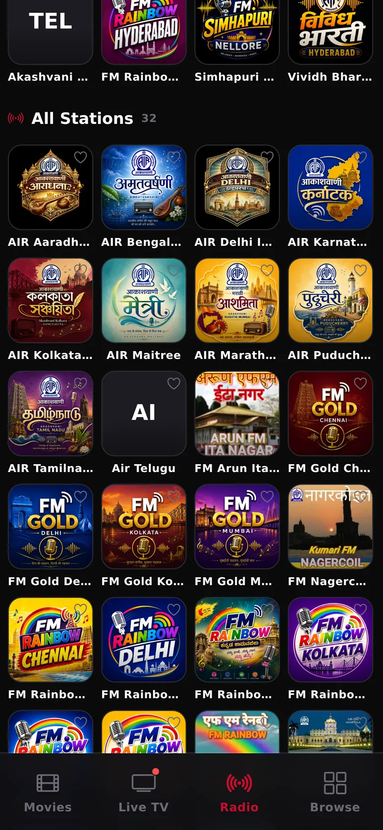 Radio screen with a grid of live radio stations